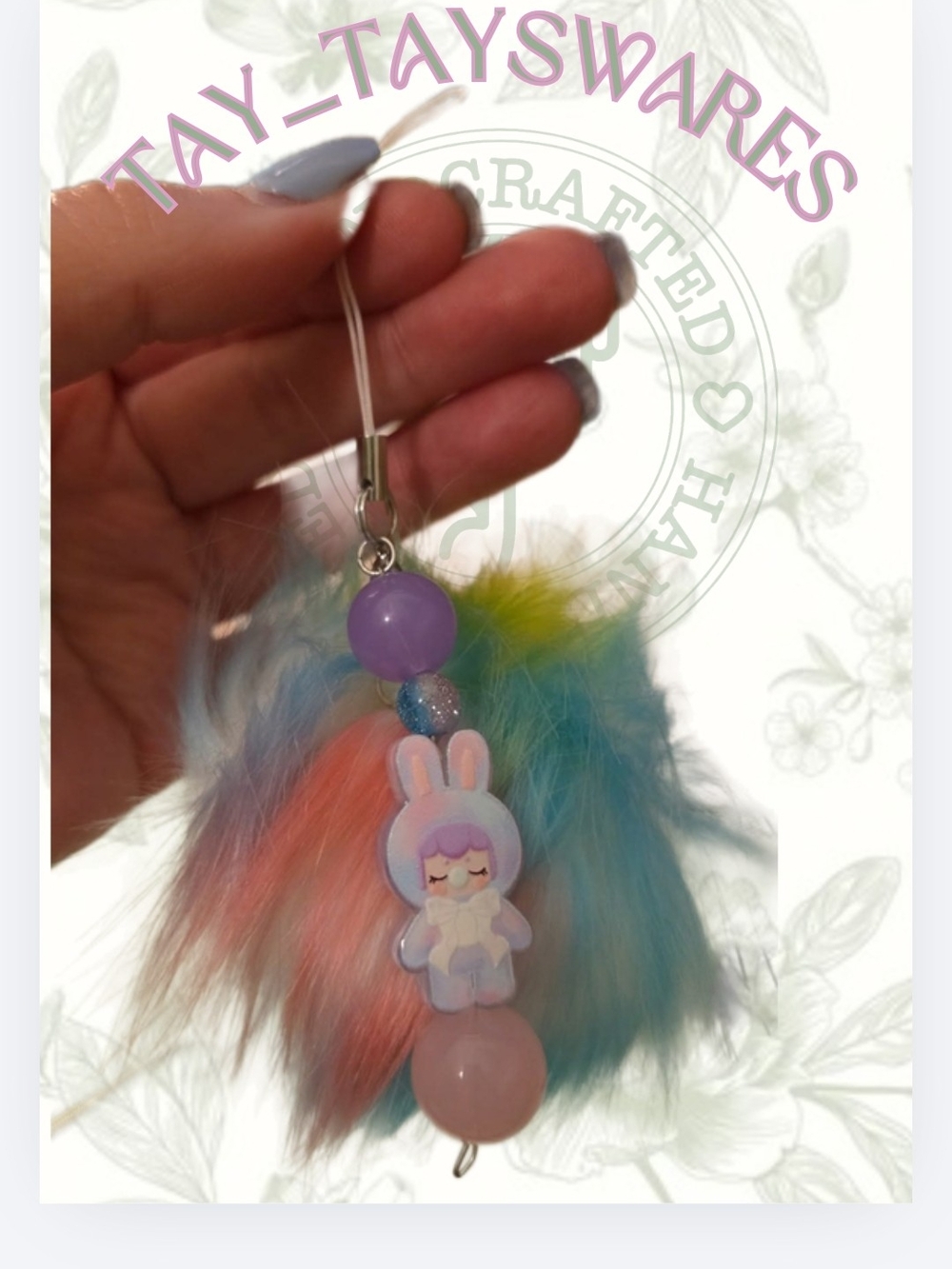 Hand Crafted Kawaii Bunny Nanci Acrylic Focal Charm/keychain With Puffball